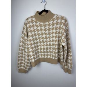 New York & Company Beige Cream Cropped Chevron Sweater Sz Medium Mock Neck